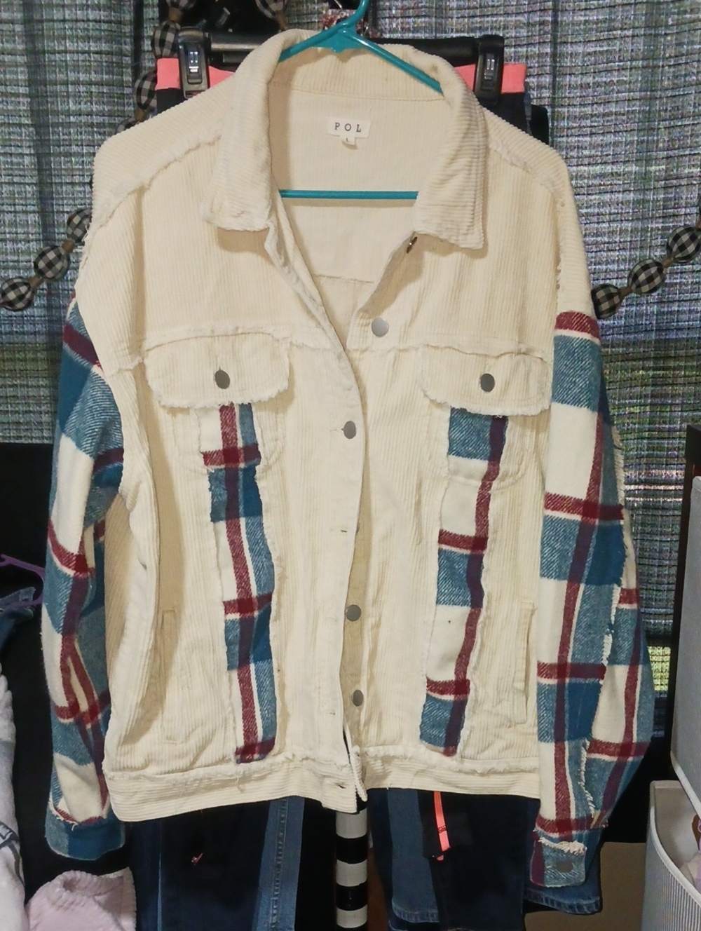 POL Cream Corduroy Jacket with Blue and Red Plaid Panels